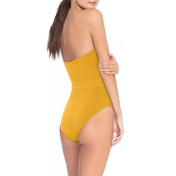 Robin Piccone Luca Bandeau Strapless One Piece Swimsuit Belted Mustard Womens 10 - Picture 2 of 15